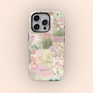 May include: A floral collage phone case featuring pink and green watercolor flowers, butterflies, and text. The case has a glossy finish and a camera cutout. The text includes "ORKER", "my heart does a little when I see you", and "NEW YORKER".
