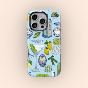 Funda para teléfono con diseño de conchas costeras y collage de cócteles de estética europea para iPhone 16, 15, 14, 13, 12 Pro Max, Pro Plus y Samsung Galaxy S23 y S24.