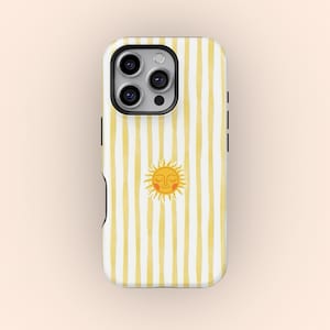 May include: A phone case with a white and yellow striped pattern and a smiling sun graphic. The case has a black border and a camera cutout. The sun graphic is orange and yellow. The case is designed for a smartphone.