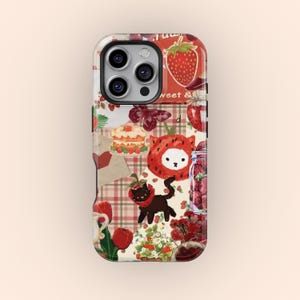 Vintage Strawberry Cat Phone Case, Cute Animal Fruit Kawaii Phone Cases, iPhone 17 16 15 14 13 12 11 Pro Max, Samsung S25 S24 S23 S22 Ultra