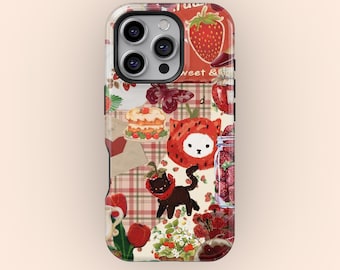 Vintage Strawberry Cat Phone Case, Cute Animal Fruit Kawaii Phone Cases, iPhone 17 16 15 14 13 12 11 Pro Max, Samsung S25 S24 S23 S22 Ultra