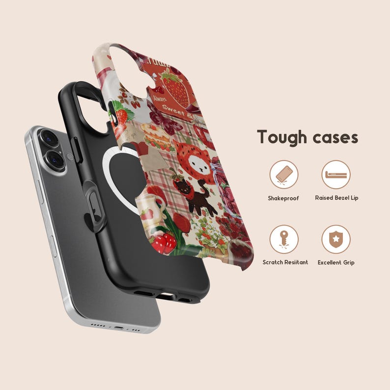 May include: A layered phone case with a colorful strawberry and dessert pattern. The case is shown in three parts, with the phone visible underneath. Text on the image reads "Tough cases" with icons for features like "Shake proof" and "Excellent Grip."