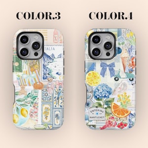 K&ouml;nnte beinhalten: Zwei Handyh&uuml;llen mit farbenfrohen Collage-Designs. Eine H&uuml;lle zeigt Zitronen, Teddyb&auml;ren und italienische Bilder. Die andere zeigt eine blaue Schleife, eine Zitronenscheibe, eine Hortensie und den Text "Entering Nantucket".