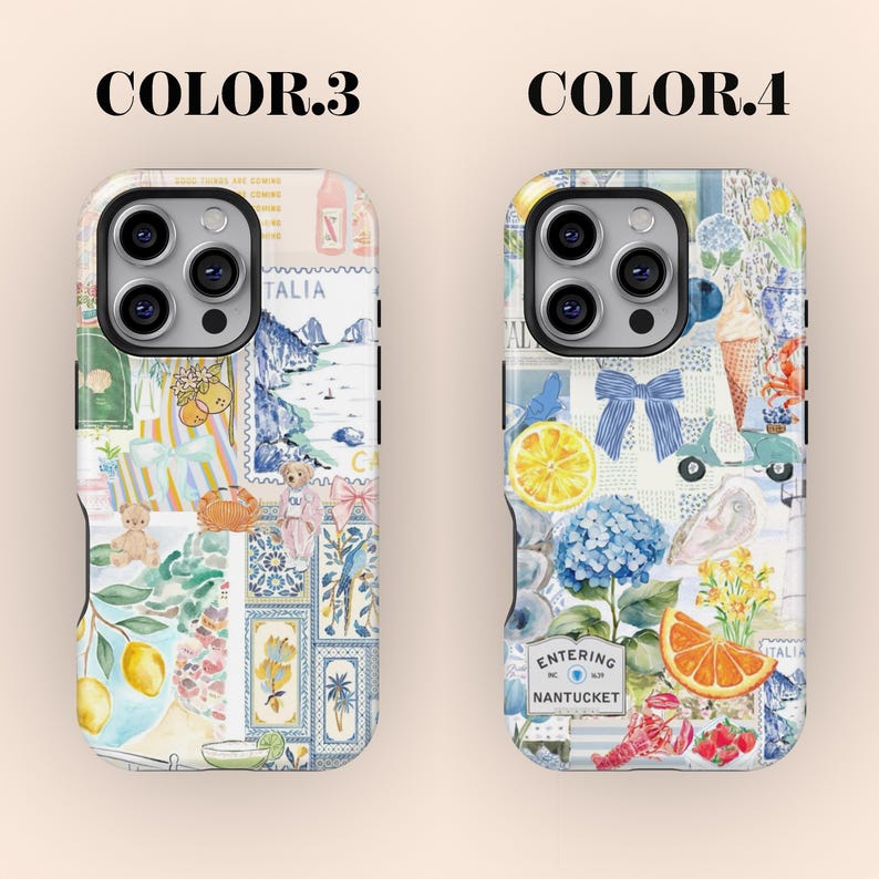 K&ouml;nnte beinhalten: Zwei Handyh&uuml;llen mit farbenfrohen Collage-Designs. Eine H&uuml;lle zeigt Zitronen, Teddyb&auml;ren und italienische Bilder. Die andere zeigt eine blaue Schleife, eine Zitronenscheibe, eine Hortensie und den Text "Entering Nantucket".