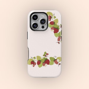 Watercolor Strawberries Phone Case, Cute Summer Strawberry Pattern, Aesthetic Tech, iPhone 16 15 14 13 12 11 Pro Max X XS, Samsung S25 S24