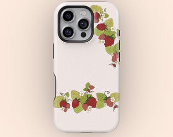 Watercolor Strawberries Phone Case, Cute Summer Strawberry Pattern, Aesthetic Tech, iPhone 17 16 15 14 13 12 Pro Max X XS, Samsung S25 S24