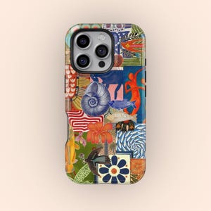 May include: A colorful phone case featuring a collage of artistic elements. The design includes a large blue seashell, orange flowers, fish, and abstract shapes in various colors. The case has a glossy finish and a camera cutout.