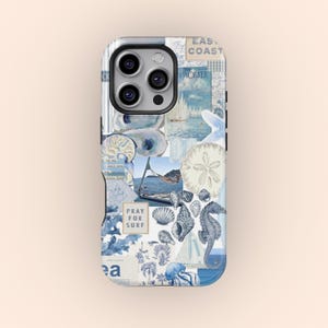 Vintage Seashell Ocean Blue West Coast Collage Coque de portable pour fille femme garçon homme, iPhone 16 15 14 13 12 Pro Max, Samsung Galaxy S25 S24 S23