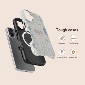 May include: A black phone case with a floral design and a white background. The case is shown with a phone inside. The case is described as "Tough cases" with features like shakeproof, raised bezel lip, scratch resistant, and excellent grip.