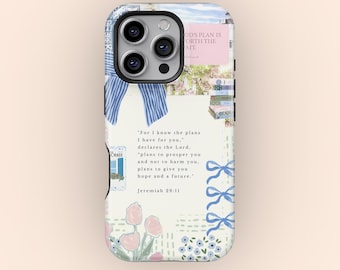 Christian Coquette Collage Phone Case, Light Blue Bow Cute Jesus God Bible Verse Cover, iPhone 17 16 15 14 13 12 11 Pro Max, Samsung S25 S24