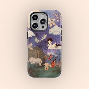 May include: A phone case featuring a whimsical illustration with a fantasy theme. The design includes a unicorn, butterflies, a girl on a cloud, and floral elements against a purple and blue background. The case has a glossy finish and a protective bumper.