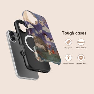 May include: A layered phone case with a colorful illustration of a fantasy scene, featuring figures, clouds, and a horse. The case is black and has the words "Tough cases" printed on it.