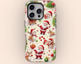 Retro Christmas Collage Phone Case, Playful Santa Claus & Reindeer design Cover for iPhone 17 16 15 14 13 12 11 Pro Max, Samsung S25 S24 S23