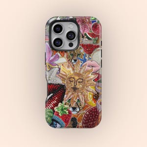 Custodia per telefono con collage di mosaici vintage, sole, tessere di mosaico celesti, custodia alla moda preppy per iPhone 16, 15, 14, 13, 12 Pro Max, Samsung S25, S24, S23, S22 Ultra