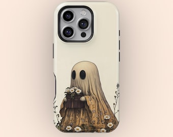 Puede incluir: Funda de teléfono con una ilustración caprichosa de un fantasma sosteniendo una cesta de flores. El fantasma está envuelto en una tela estampada, sobre un fondo crema. El diseño incluye elementos florales, creando una estética lúdica.