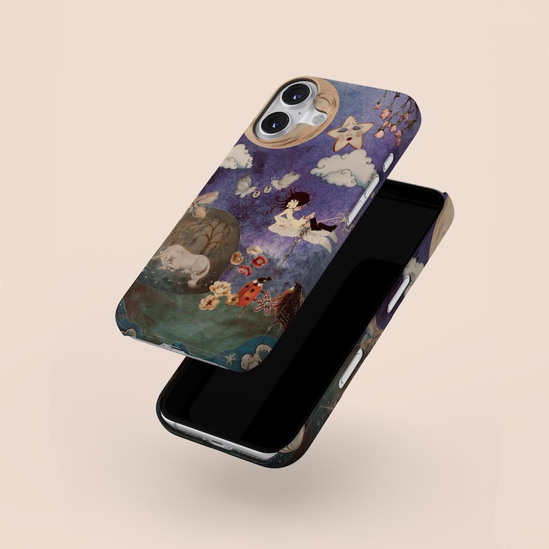 May include: A phone case featuring a whimsical illustration with a night sky theme. The design includes a crescent moon, stars, clouds, and a figure on a swing. The case is a mix of blue, purple, and green hues.