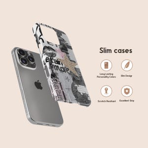 May include: A silver iPhone and a slim phone case with a black and white design. The case features a starfish, lips, and text that reads "e'tain mole". The image also includes the words "Slim cases" and icons.