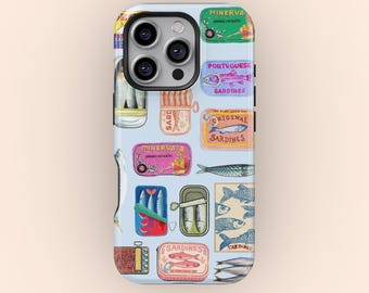 Étui pour portable vintage poisson, collage de sardines, esthétique rustique, iPhone 17 16 15 14 13 12 11 Pro Max Plus, Samsung Galaxy S26 S25 Ultra