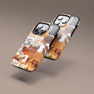 May include: Two phone cases with a fall-themed design. The cases are covered in a collage of images and text, including pumpkins, leaves, ghosts, and the words "I'm a fall kind of girl" and "Apple Cider".