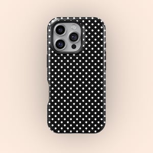 白黒水玉模様のスマホケース、女の子らしいキュートなソフトデザイン、Y2Kスタイル、秋の美学、iPhone 17 16 15 14 13 12 Pro Max、Samsung S25