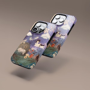 May include: Two phone cases with a whimsical design featuring a girl floating on a cloud, a white unicorn, and ladybugs. The cases have a purple and blue color scheme with a glossy finish.