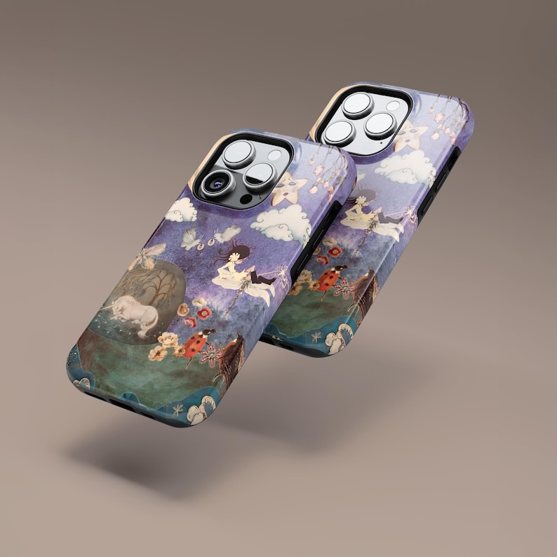 May include: Two phone cases with a whimsical design featuring a girl floating on a cloud, a white unicorn, and ladybugs. The cases have a purple and blue color scheme with a glossy finish.