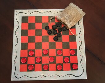 Floorcloth, Checkerboard Set with checkers, in a burlap carry sack