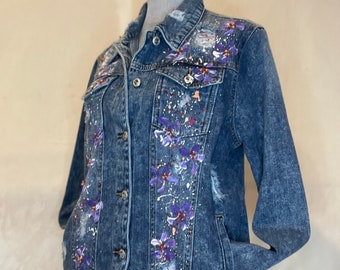 Blue Denim Hand Painted Jacket “Lavender Splatter Florals”