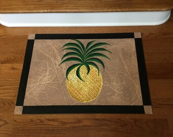 Floorcloth, Hand Painted,  Pineapple, Black Border