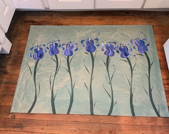 Hand Painted Iris Floorcloth, Original Design, Durable Canvas