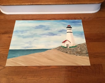 Lighthouse Floorcloth: Original Painted Canvas Rug (24”x34”)