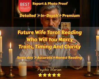 May include: An image featuring a man holding a tarot card, with text overlayed that reads "Future Wife Tarot Reading." Lit candles flank the man. The image also includes the text "Who Will You Marry, Traits, Timing And Clarity."