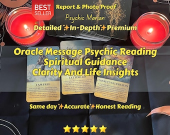 May include: An image featuring a psychic reading setup with two lit red candles, oracle cards, and text that reads "Oracle Message Psychic Reading, Spiritual Guidance, Clarity And Life Insights". The image also includes the text "Best Seller".
