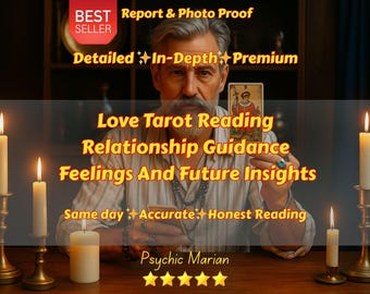 May include: An image featuring a man holding a tarot card, with text overlayed that reads "Love Tarot Reading, Relationship Guidance, Feelings And Future Insights." The image also includes lit candles and the words "Psychic Marian."