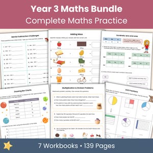 Mathematik-Arbeitsheft-Paket für die 3. Klasse | Zahlen, Rechnen, Brüche, Geometrie, Messen | Arbeitsblätter für die Grundschule (KS2) | 7 druckbare PDFs