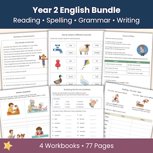 Puede incluir: Un paquete de inglés para segundo año que incluye 77 páginas en 4 cuadernos de trabajo. Los materiales educativos cubren comprensión lectora, ortografía, gramática y escritura, con ilustraciones de animales y niños.