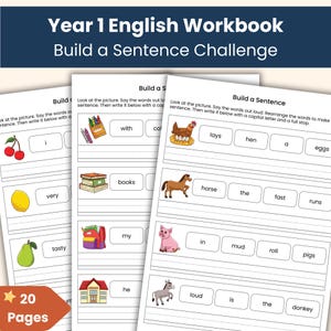 Puede incluir: Un cuaderno de trabajo de inglés de primer grado titulado "Build a Sentence Challenge". Las páginas presentan ejercicios de construcción de oraciones con ilustraciones y indicaciones de palabras. El cuaderno tiene 20 páginas.
