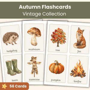 Puede incluir: Un conjunto de tarjetas educativas Autumn Flashcards Vintage Collection con 56 cartas. Cada tarjeta muestra una ilustración en acuarela de elementos estacionales como un erizo, seta, árbol, zorro, botas, espantapájaros, calabaza y hoguera con etiquetas.