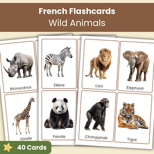 Può includere: Un set di flashcard in francese sugli animali selvatici con il testo French Flashcards Wild Animals e 40 Cards. Ogni carta mostra un'illustrazione realistica di un animale, tra cui un rinoceronte, una zebra, un leone, un elefante, una giraffa, un panda, uno scimpanzé e una tigre con i relativi nomi in francese stampati sotto.