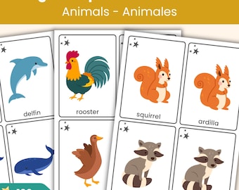 100 tarjetas de vocabulario de animales en inglés y español / Vocabulario de animales / Tarjetas de vocabulario para niños / Aprendizaje en el aula y en casa, ESL