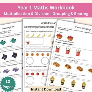 Wiskundewerkboek jaar 1 | Groeperen, delen, tellen | Werkbladen voor vermenigvuldigen en delen | Afdrukbaar hulpmiddel voor wiskunde