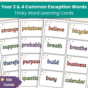 Tarjetas didácticas de palabras de excepción comunes para 3.º y 4.º año / Palabras complicadas imprimibles / Tarjetas de práctica de ortografía