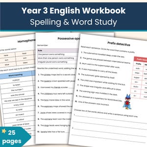 May include: A Year 3 English workbook titled Spelling & Word Study containing 25 pages of educational material. The pages feature exercises on homophones, possessive apostrophes, and prefix detective tasks with a small superhero illustration.