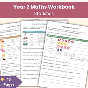 Year 2 Maths Workbook | Statistics Worksheets | Tally Charts, Pictograms, and Bar Charts | Printable Resource