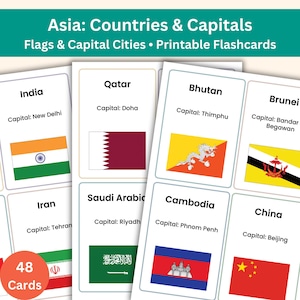 Op de afbeelding: Educatieve flashcards met Aziatische landen en hun hoofdsteden. Elke kaart toont een vlag en de hoofdstad. De set bevat 48 kaarten, met de titel "Asia: Countries & Capitals" bovenaan.