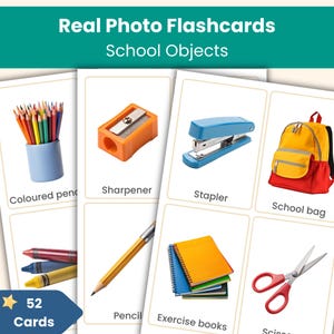 52 School Objects Flashcards | Montessori Real Photo Vocabulary Cards | KS1, Preschool & Kindergarten Printable