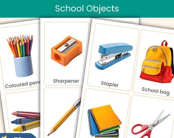 52 tarjetas didácticas de objetos escolares / Tarjetas de vocabulario con fotos reales / Material imprimible para primaria (KS1, preescolar y jardín de infancia)