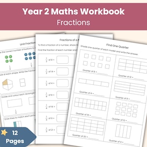 Cuaderno de ejercicios de matemáticas de 2.º año / Hojas de trabajo de fracciones / Mitades, cuartos y tercios / Recurso imprimible