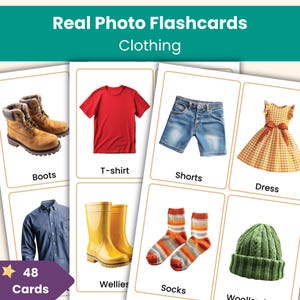 48 tarjetas didácticas con fotos reales de ropa / Tarjetas de vocabulario de ropa para niños / KS1, preescolar y jardín de infantes imprimibles / Recurso de inglés como segundo idioma