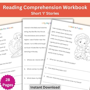 Reading Comprehension Workbook: Ages 5-7, 27 Short &#39;I&#39; Stories (PDF Printable Worksheets)